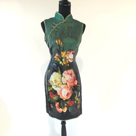 Vintage Silk Green Mandarin Dress🦆 - Picture 1 of 5